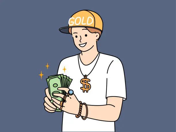 Vector illustration of Successful male rapper with dollars in hands