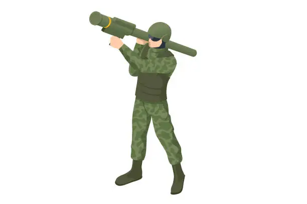 Vector illustration of Isometric Special Forces Soldier Police, Swat Team Member. Army Soldier with Man-portable surface-to-air missile on white background. Army, military and people concept