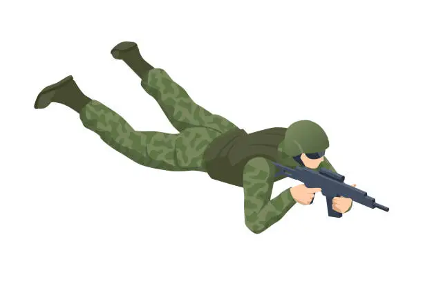 Vector illustration of Isometric Special Forces Soldier Police, Swat Team Member. Army Soldier in Protective Combat Uniform holding Special Operations Forces Combat Assault Rifle. Army, military, people