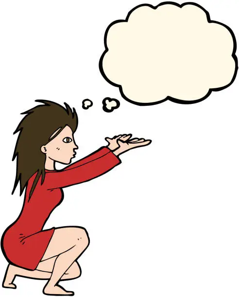 Vector illustration of cartoon womn casting spel with thought bubble