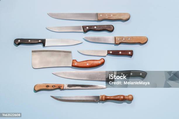 Variety Of Butcher Knives On Colorful Background Stock Photo - Download Image Now - Kitchen Knife, Table Knife, Knife - Weapon