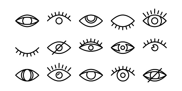 Eye vector line icon, eyeball outline pictogram, see symbol, vision sign, simple view set, look sign, black pictogram different shape isolated on white background. Simple illustration