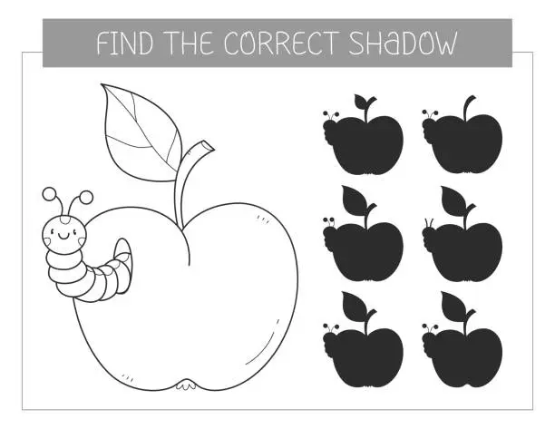 Vector illustration of Find the correct shadow coloring book with an apple and caterpillar. Coloring page educational game for kids. Cute cartoon apple with worm. Shadow matching game. Vector illustration.