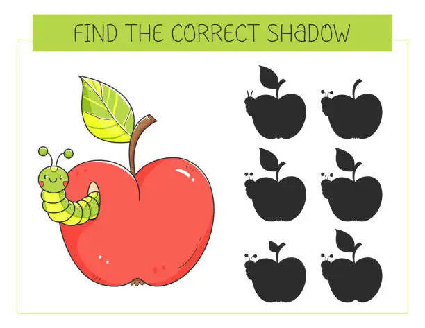 Vector illustration of Find the correct shadow game with an apple and caterpillar. Educational game for children. Cute cartoon apple with worm. Shadow matching game. Vector illustration.