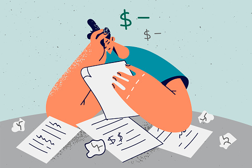 Distressed man look at paperwork and bills frustrated with debt and bankruptcy. Unhappy male confused with expenditures and expense counting budget and bills. Vector illustration.