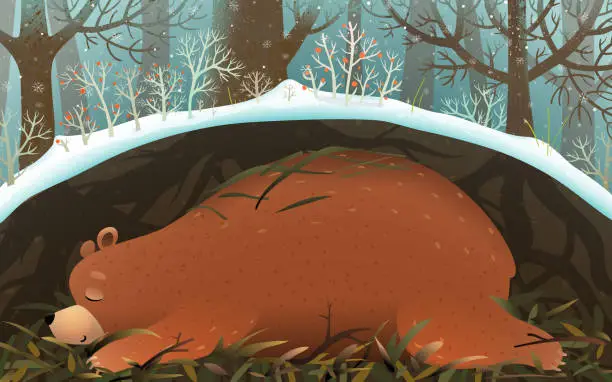 Vector illustration of Bear Sleeping or Hibernating in Den in Forest