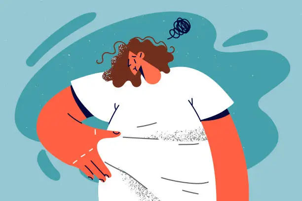 Vector illustration of Unhappy overweight woman touch fat on belly