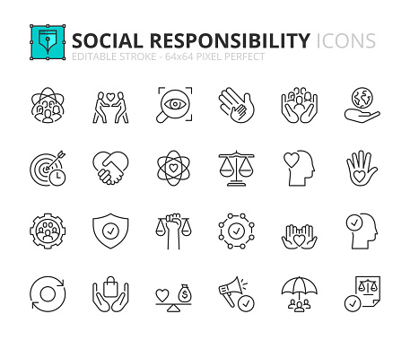Line icons  about corporate social responsibility. Contains such icons as core values, transparency, impact, ethical business and trust. Editable stroke Vector 64x64 pixel perfect