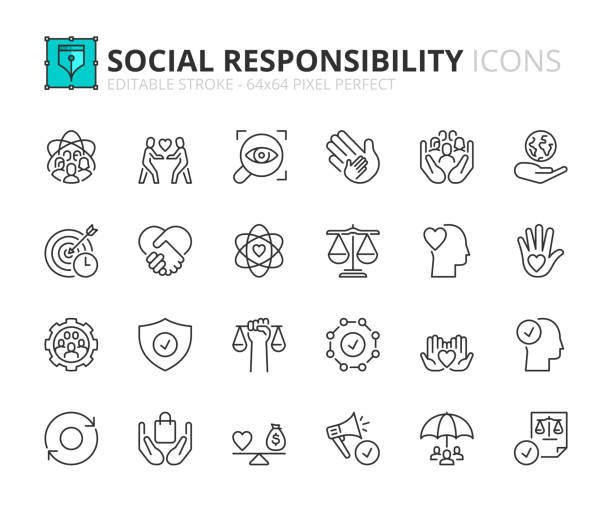 Simple set of outline icons about corporate social responsibility Line icons  about corporate social responsibility. Contains such icons as core values, transparency, impact, ethical business and trust. Editable stroke Vector 64x64 pixel perfect fidelity investments stock illustrations