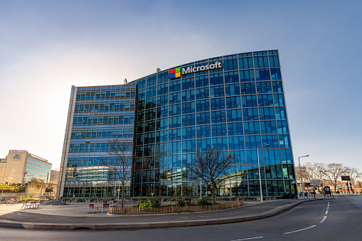 Issy-les-Moulineaux, France - February 6, 2023: Facade of the French headquarters of Microsoft, an American multinational company that develops, manufactures, licenses and markets computer software