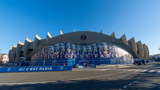Boulogne-Billancourt, France - February 6, 2023: Main entrance of the Parc des Princes, French stadium hosting the Paris Saint-Germain football club