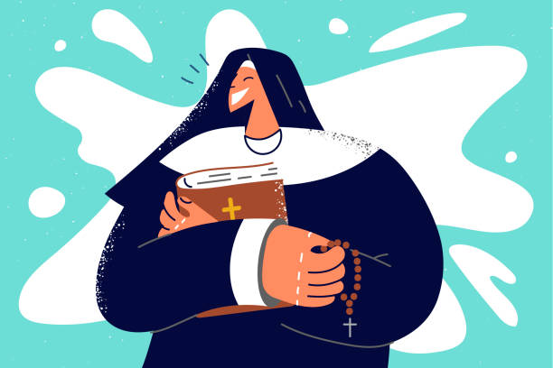 illustrations, cliparts, dessins animés et icônes de religieuse souriante avec chapelet et perles - nun sign holding women