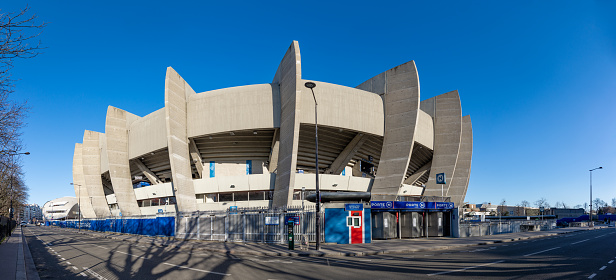 Boulogne-Billancourt, France - February 6, 2023: Exterior view of the Parc des Princes, French stadium hosting the Paris Saint-Germain football club
