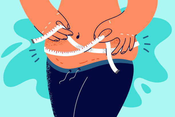 женщина с избыточным весом измеряет талию с помощью ленты - overweight women body abdomen stock illustrations
