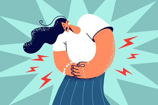 Unhealthy woman touch belly suffer from painful periods. Unwell female struggle with pain or ache during pms. Acute stomachache symptom. Vector illustration.
