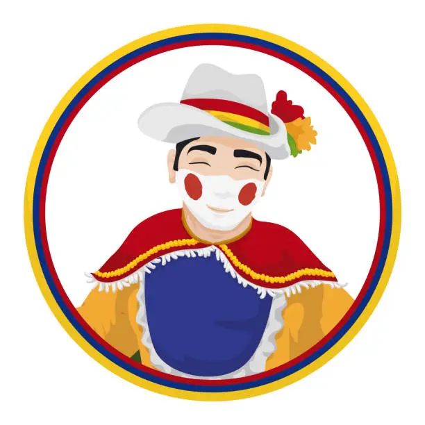 Vector illustration of Button with Colombian flag and Garabato portrait for Barranquilla's Carnival, Vector illustration