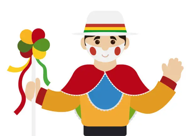 Vector illustration of Barranquilla's Garabato character with wand and hat in flat style, Vector illustration