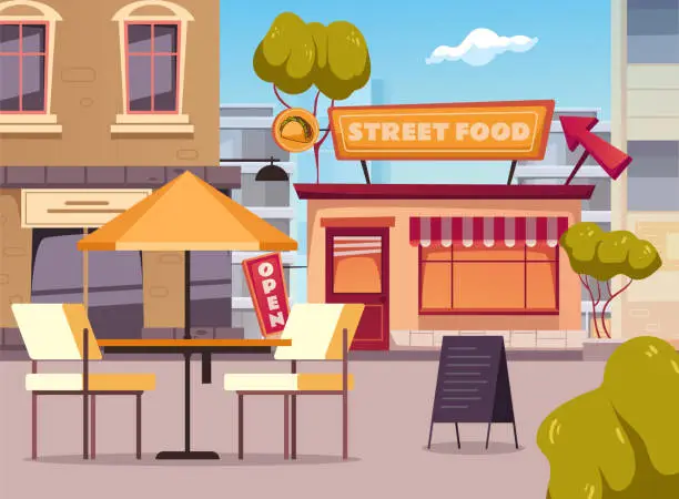 Vector illustration of Street cafe city cartoon shop outdoor restaurant concept. Vector graphic design illustration