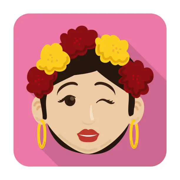 Vector illustration of Flat button with Barranquilla's Carnival woman winking at you, Vector illustration