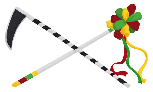 Vector illustration of Dark scythe crossed with Garabato wand to celebrate Barranquilla's Carnival, Vector illustration