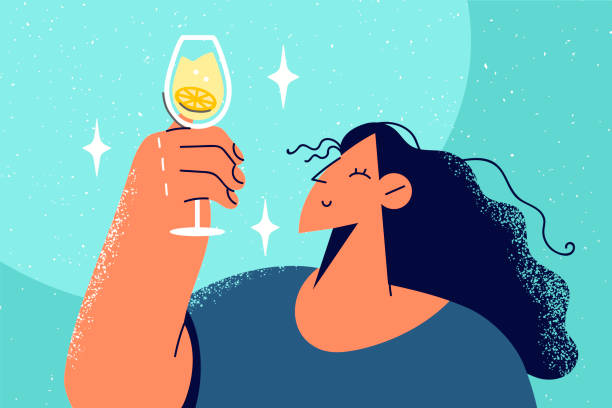 uśmiechnięta kobieta trzyma szklankę z napojem - juice drinking women drink stock illustrations