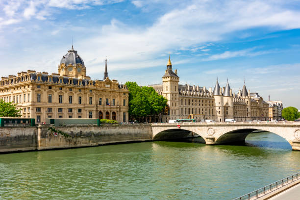 Paris commercial courthouse and Conciergerie palace along Seine river, Paris, France stock photo