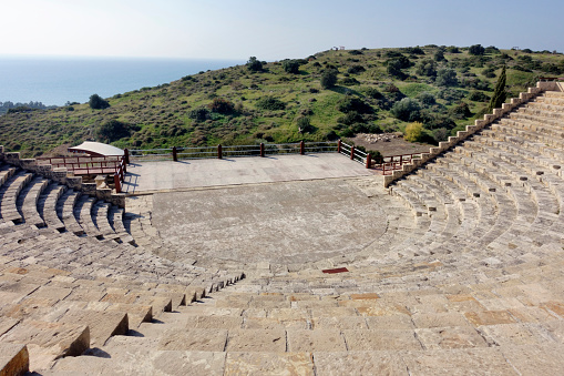 Paphos Odeum  the remains of the ancient theater with sea view. The Paphos Archaeological Park at Cyprus is an UNESCO World Heritage site.