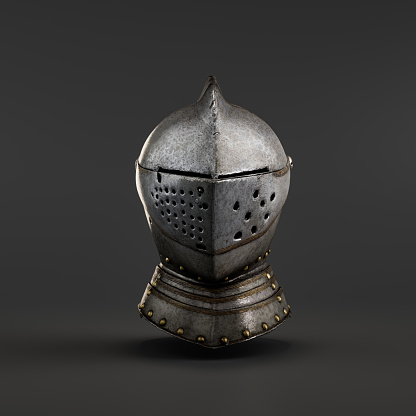 Closed helmet, late 16th century, Germany. Historic damaged knight helmet, 3d rendering