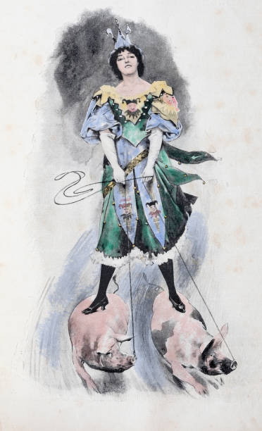 Woman in carnival costume riding two pigs 1899Original edition from my own archivesSource : Ilustración Artística 1899after Oscar Wilson