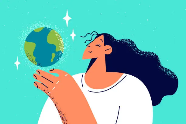 Vector illustration of Smiling woman holding planet earth in hands