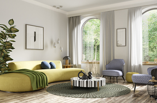 Diseño interior moderno art deco del apartamento, sala de estar con sofá, sillones clásicos. Mesa de centro Accent. Interior de la casa con alfombra. Renderizado 3D photo