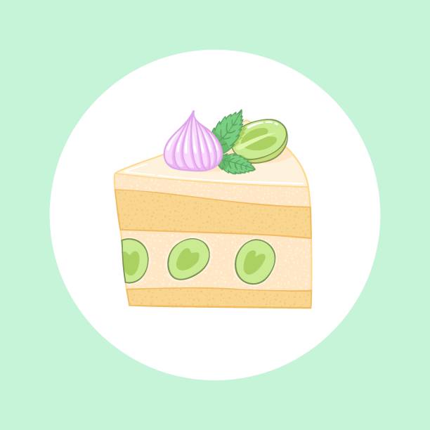 Beautiful peace of cake decorated with grape, mint leaves and meringue. Vector illustration for bakery or cafe. vector art illustration