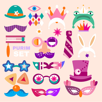 Happy Purim - holiday  jewish carnival   set icons Lettering in Hebrew  translition  Happy Purim  Carnival mask, Hamantashen, confetti, clown, crown, garland, hat, firework  Vector festive illustration