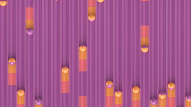Glitter balls roll along purple grooves leaving a colorful gradient trail. Futuristic background. Digital seamless loop animation. 3d rendering 4K