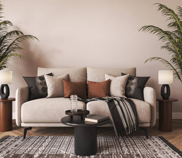 istock Home interior with light beige sofa, table and decor in boho scandi living room. Wall mock up. 3d render. High quality 3d illustration 1463541093