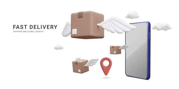 Vector illustration of 3d realistic parcels flying from mobile phone. Online delivery service in cartoon style. Vector illustration