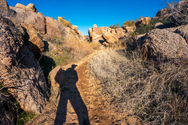 istock Lone hiker's shadow cast on trail leading into canyon 1463542688