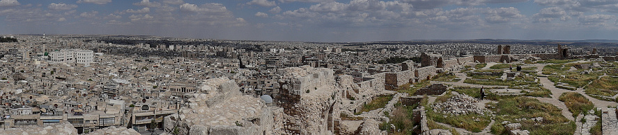 Aleppo, Syria - 13 04 2011: Panorama of the Citadel of Aleppo, the large medieval fortified palace in the city center of the old town of Aleppo, prior to the syrian war against IS.