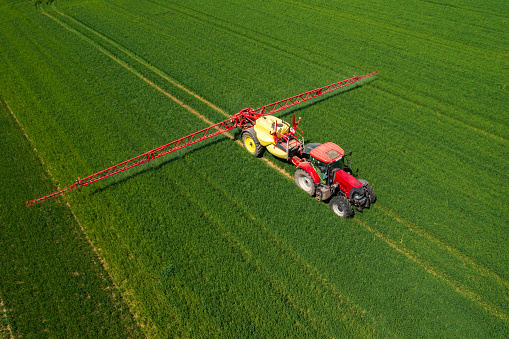 Aerial view of a red tractor sprying the field in spring.