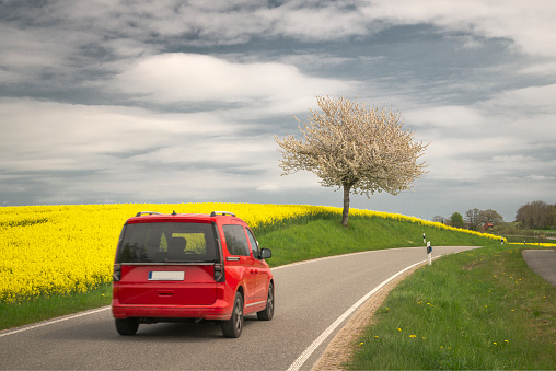 Red car on a country road along a blooming bright yellow rapeseed field under a blue sky and clouds in spring. Near Lindau, Schleswig-Holstein, Germany