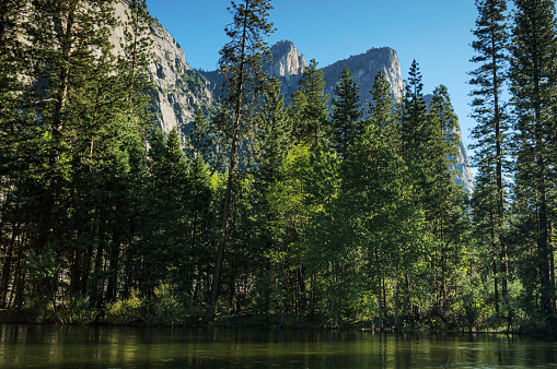 Springtime view of Yosemite's Three Brothers rock formation, above the flowing Merced River.\n\nTaken in Yosemite National Park, California, USA
