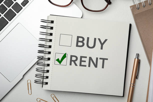 istock Buy or rent - choice concept. Flat lay composition with notebook on white table 1463555296