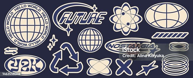 istock Retro futuristic sticker. Abstract graphic geometric symbols and objects in y2k style. Templates for notes, posters, banners, stickers, business cards, logo. Nostalgia for 2000s. 1463558344