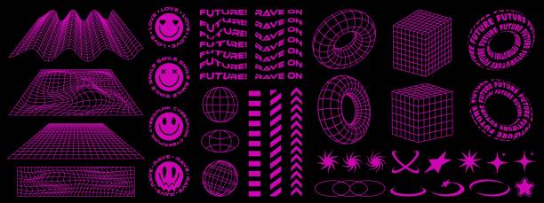 ilustrações de stock, clip art, desenhos animados e ícones de rave psychedelic retro futuristic set in y2k-00s style. surreal geometric shapes, abstract backgrounds and patterns, wireframe, cyberpunk elements and perspective grids. vector elements and sticker. - techno