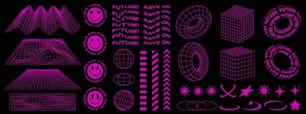 Rave psychedelic retro futuristic set in Y2K-00s style. Surreal geometric shapes, abstract backgrounds and patterns, wireframe, cyberpunk elements and perspective grids. Vector elements and sticker. Rave psychedelic retro futuristic set in Y2K-00s style. Surreal geometric shapes, abstract backgrounds and patterns, wireframe, cyberpunk elements and perspective grids. Vector elements and sticker. techno music stock illustrations