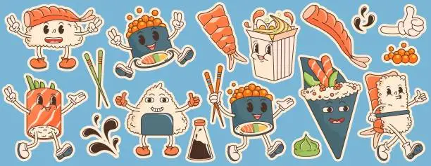 Vector illustration of Cartoon character retro asian food 70s. Big sticker set with sushi, ramen, roll, soy sauce, wasabi, shrimp. In trendy groovy hippie retro style. Vector illustration with typography elements.