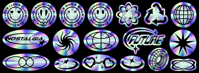 Holographic sticker set in a trendy retro y2k style. Vector Graphic with textured foil effect. Nostalgia for the 80s, 90s, 2000s