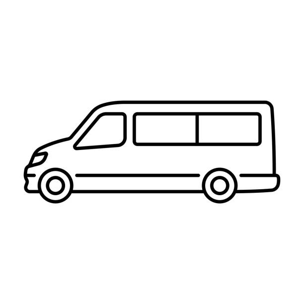 значок микроавтобуса. небольшой пассажирский автобус. черный контур линейного силуэта. вид сбоку. редактируемые штрихи. векторная простая  - van white truck mini van stock illustrations