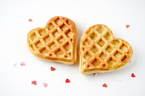 Homemade heart-shaped waffles isolated on white background | Valentine heart waffles