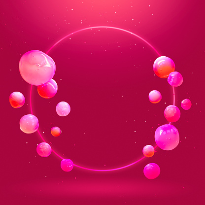 Circle frame with pink jelly drops flying against magenta background.